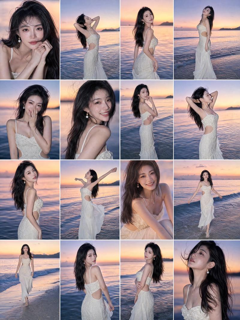 夕阳海滩东亚女性人像十六宫格
