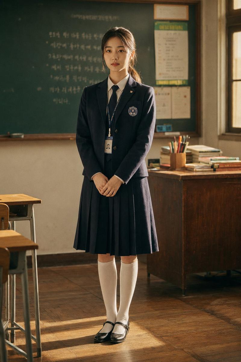 韩国高中校服少女教室侧影写真