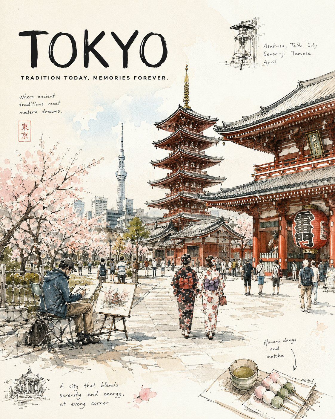 城市速写风格旅行日志插画海报