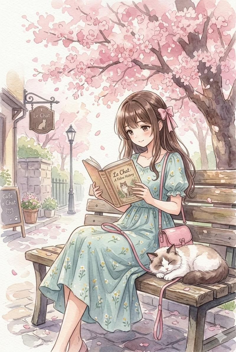 樱花树下长发少女与猫咪阅读水彩插画
