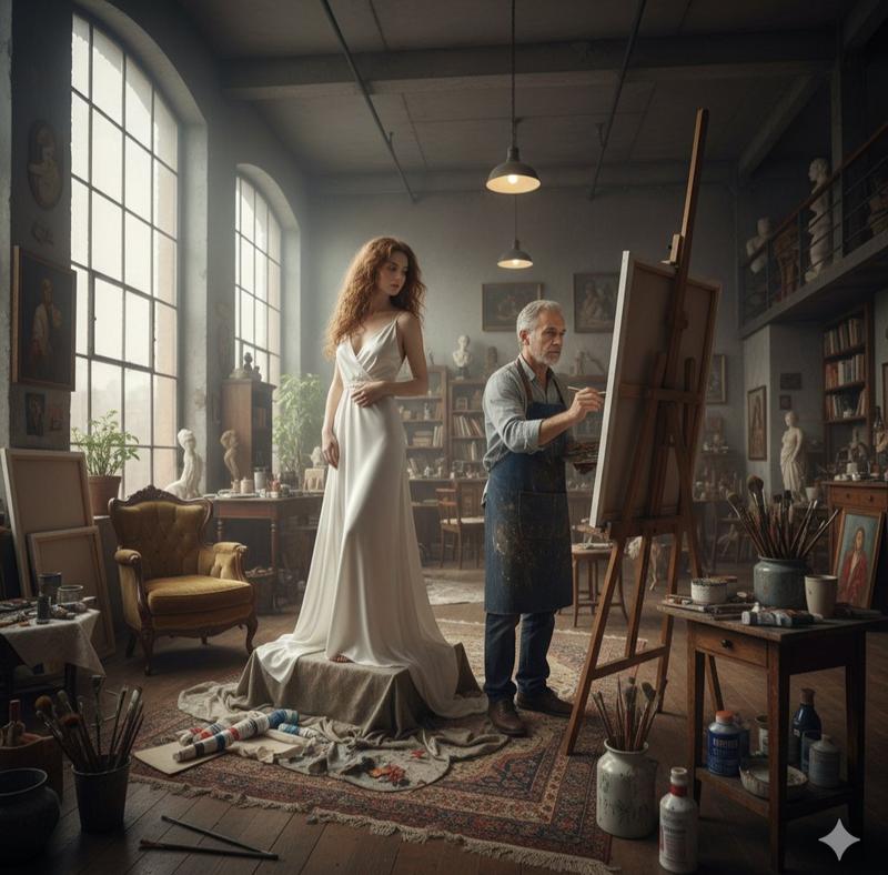 画家为红发模特画像的复古艺术工作室