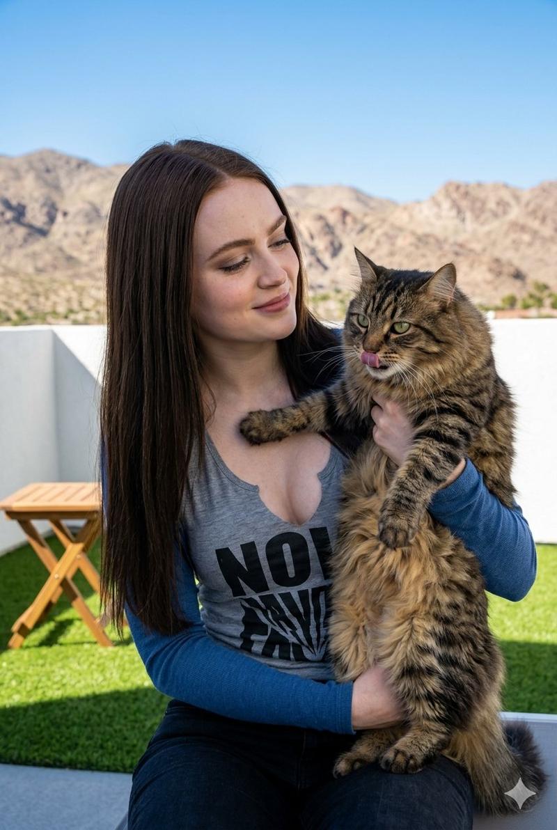 阳光露台怀抱虎斑猫的棕发美女