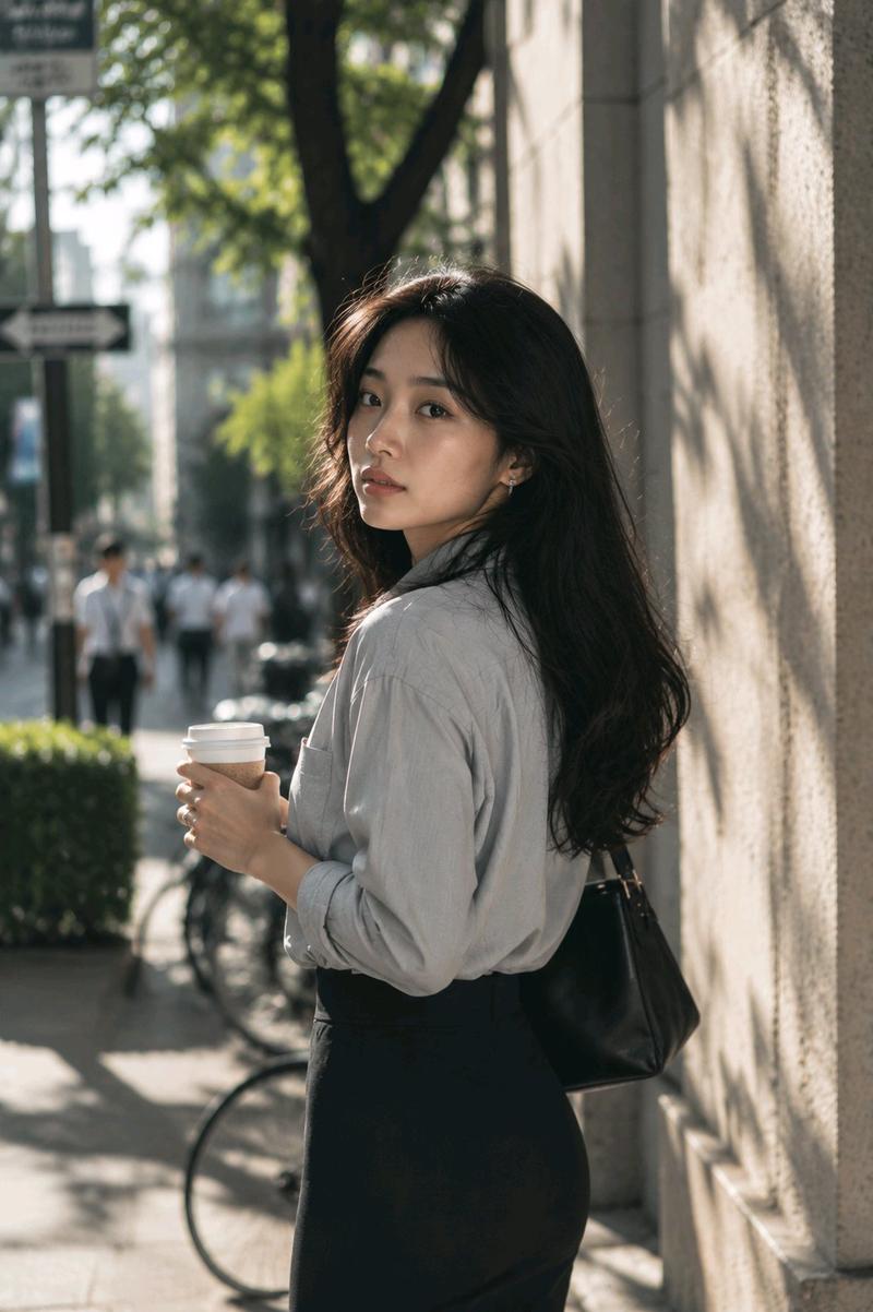 东京街头持咖啡的优雅亚洲女性