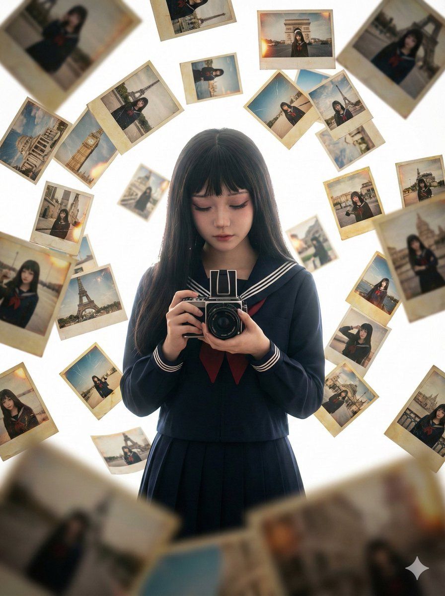 零重力下的自拍梦境:被漂浮照片包围的胶片少女