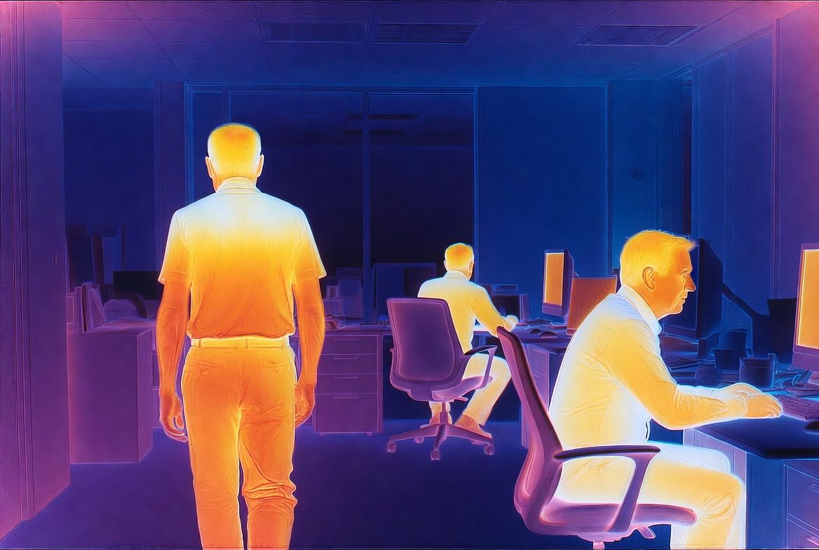 Thermal camera view of a modern office environment, military-grade infrared visi