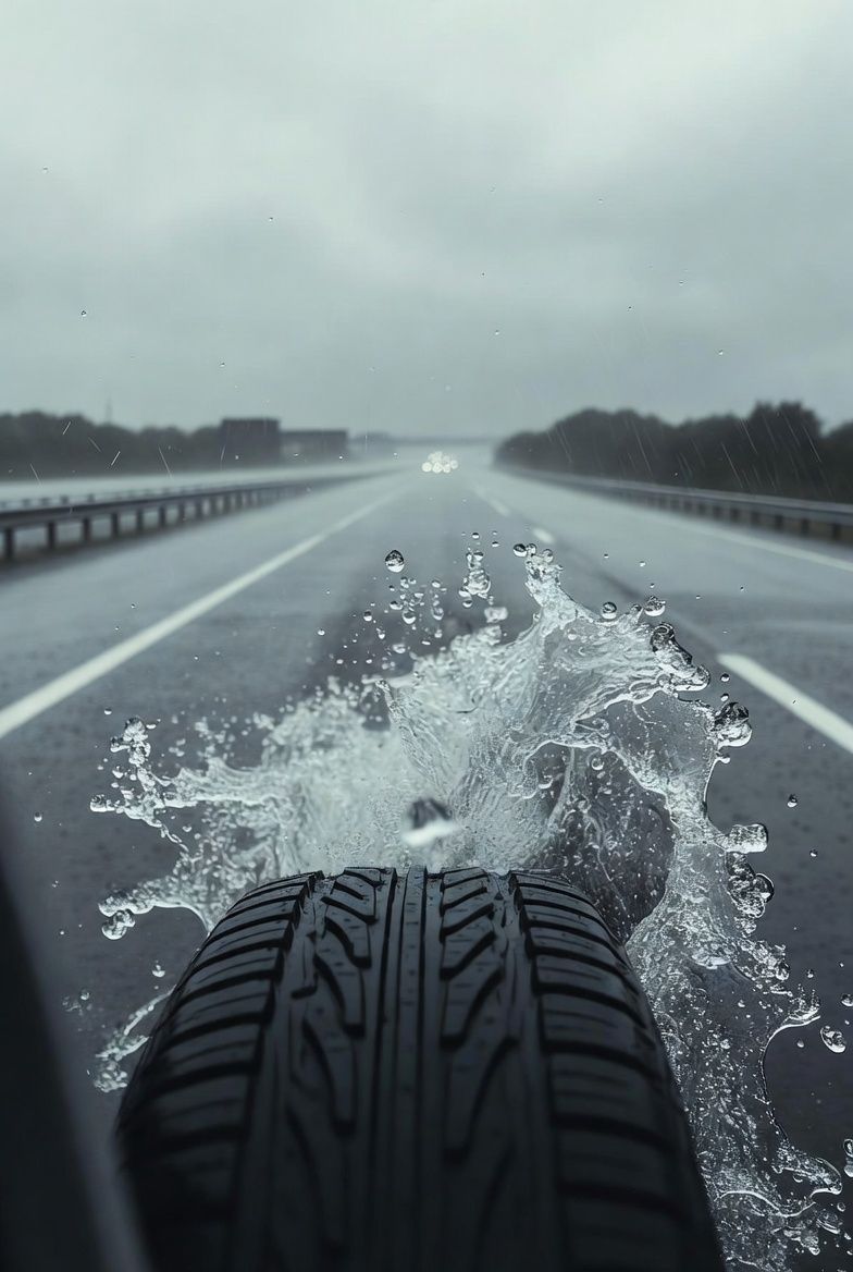 realistic rainy highway scene, close-up of tire dispersing water, detailed splas
