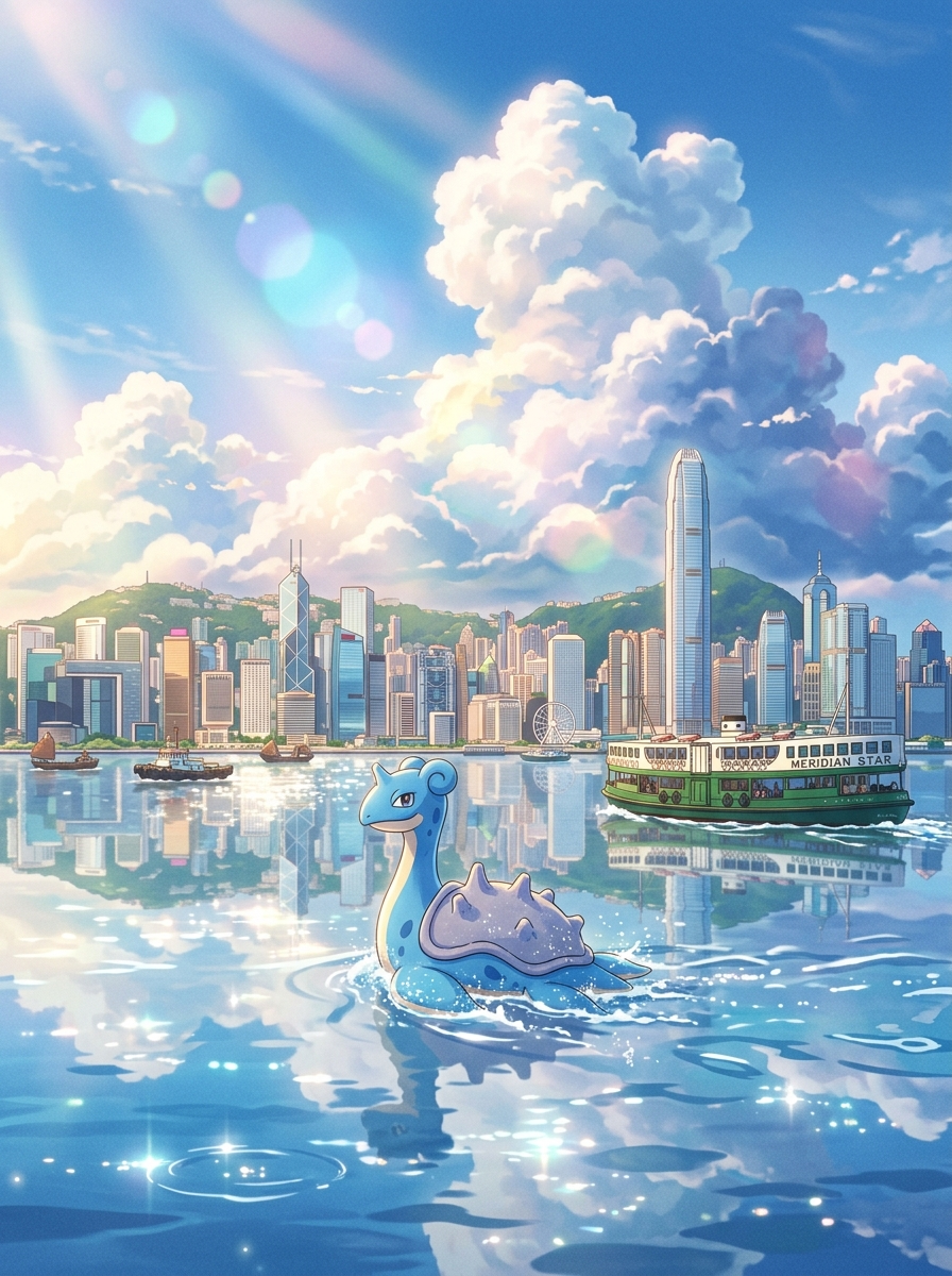 A beautiful Makoto Shinkai style anime illustration of Lapras swimming in Hong K