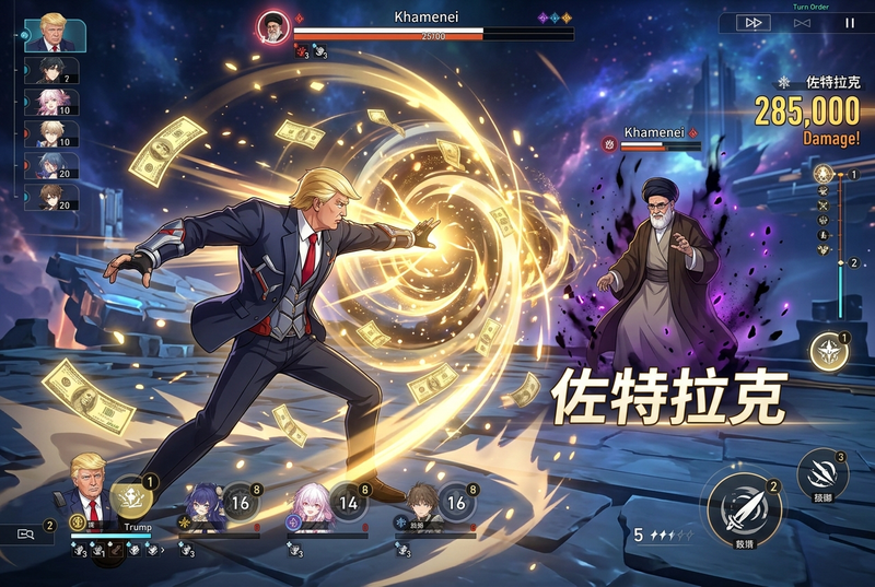 一张高清4K截图,展示了《崩坏3:星之轨道》PC版的游戏画面,图中联动角色为特朗普。他正在战斗中,用美元施放佐特拉克,攻击哈梅内伊。