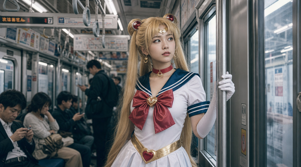 主体内容:一位年轻女性,身着经典水手服风格的动漫角色服装,整体造型参考自《美少女战士》中的月野兔(Sailor Moon),包括白色连衣裙、深蓝色领边与袖口、红