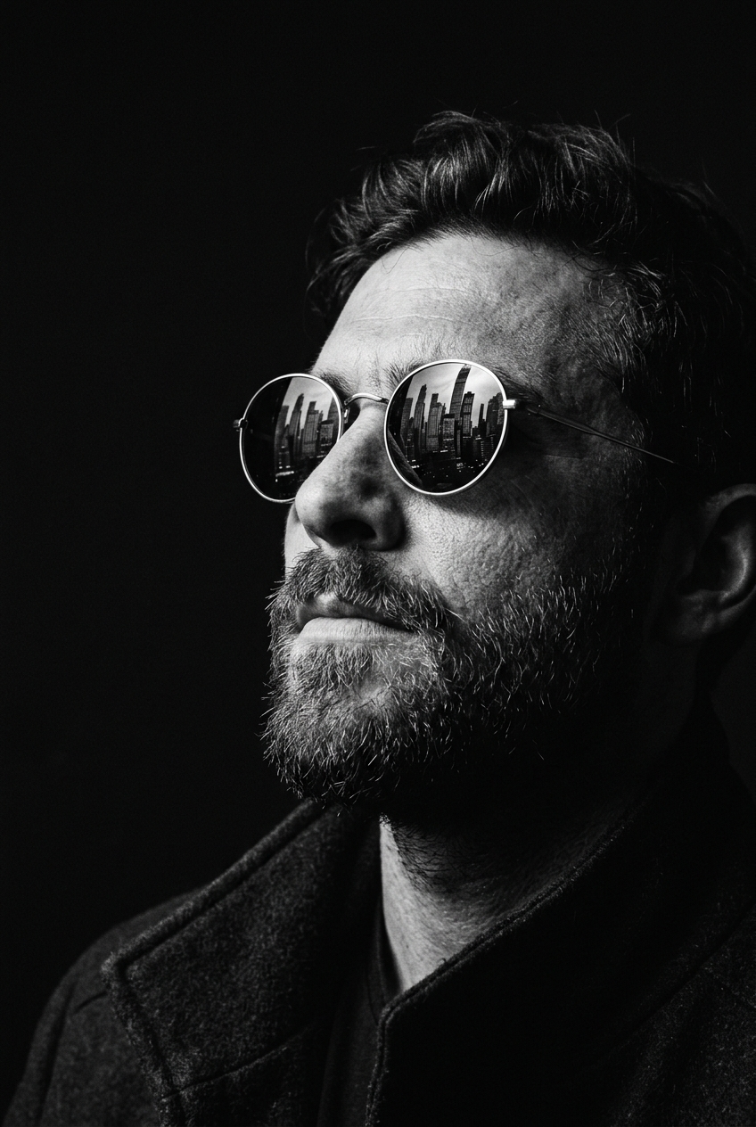 Dramatic, ultra-realistic close-up in black and white with high-contrast cinemat