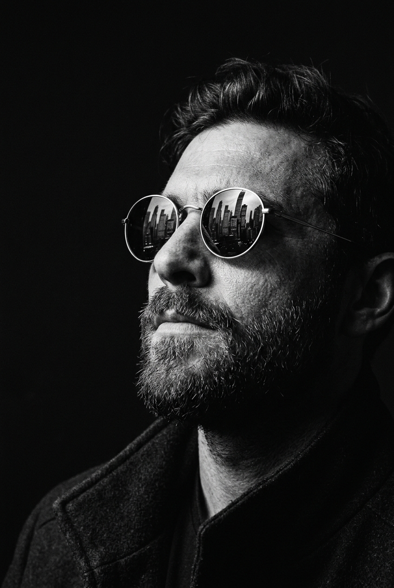 Dramatic, ultra-realistic close-up in black and white with high-contrast cinemat