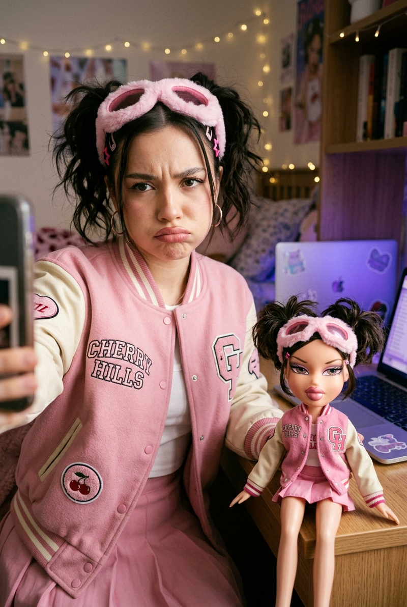 A side-by-side twinning portrait where the human subject consciously mimics the 