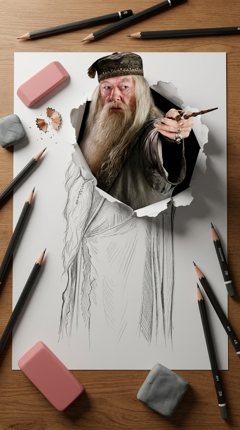 A stunning Trompe L’oeil 3D composition, where the subject—using an uploaded fac