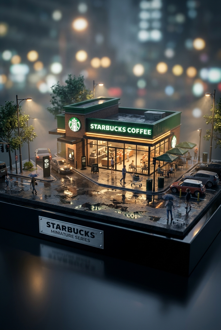 Hyper-realistic miniature diorama of a [BRAND NAME] outlet, placed on a premium 