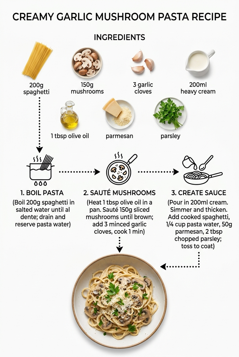 Create step-by-step recipe infographic for creamy garlic mushroom pasta, top-dow