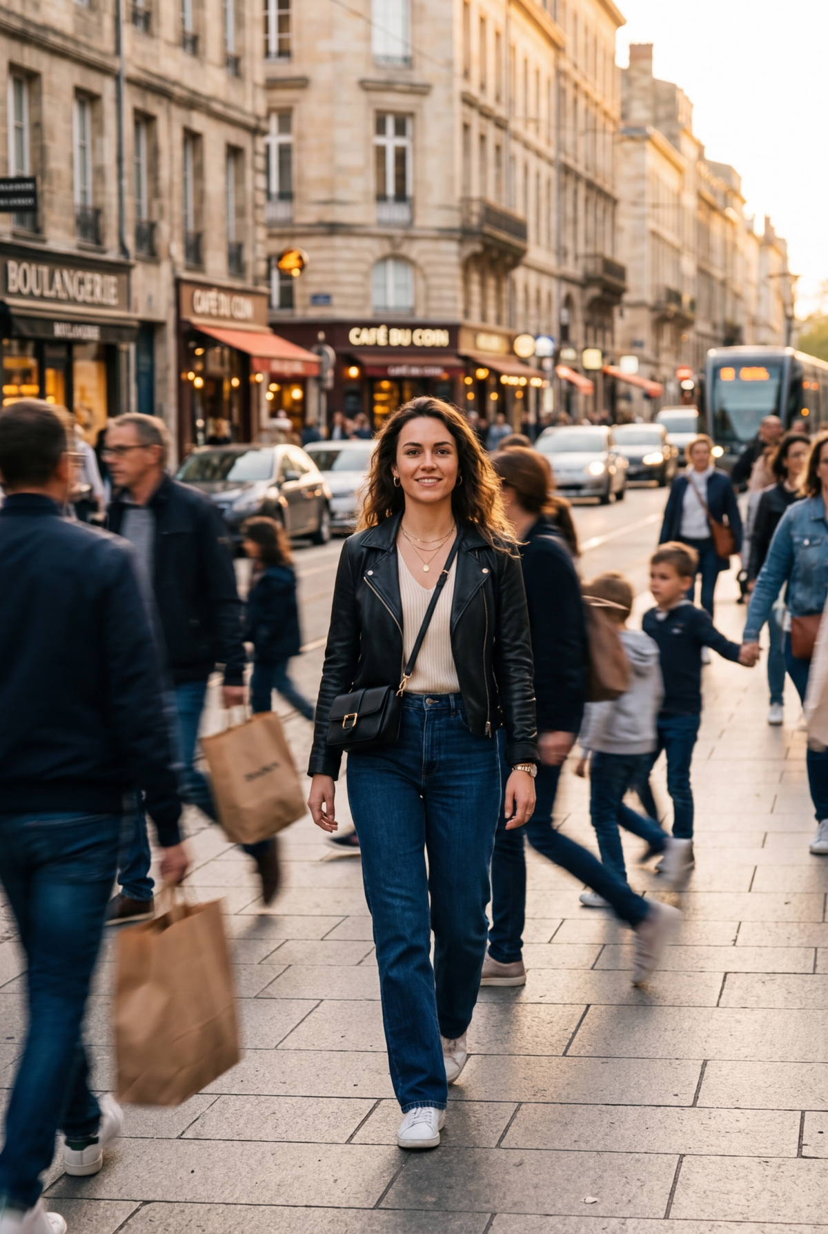 A stylish young woman walking through a busy street, surrounded by blurred pedes