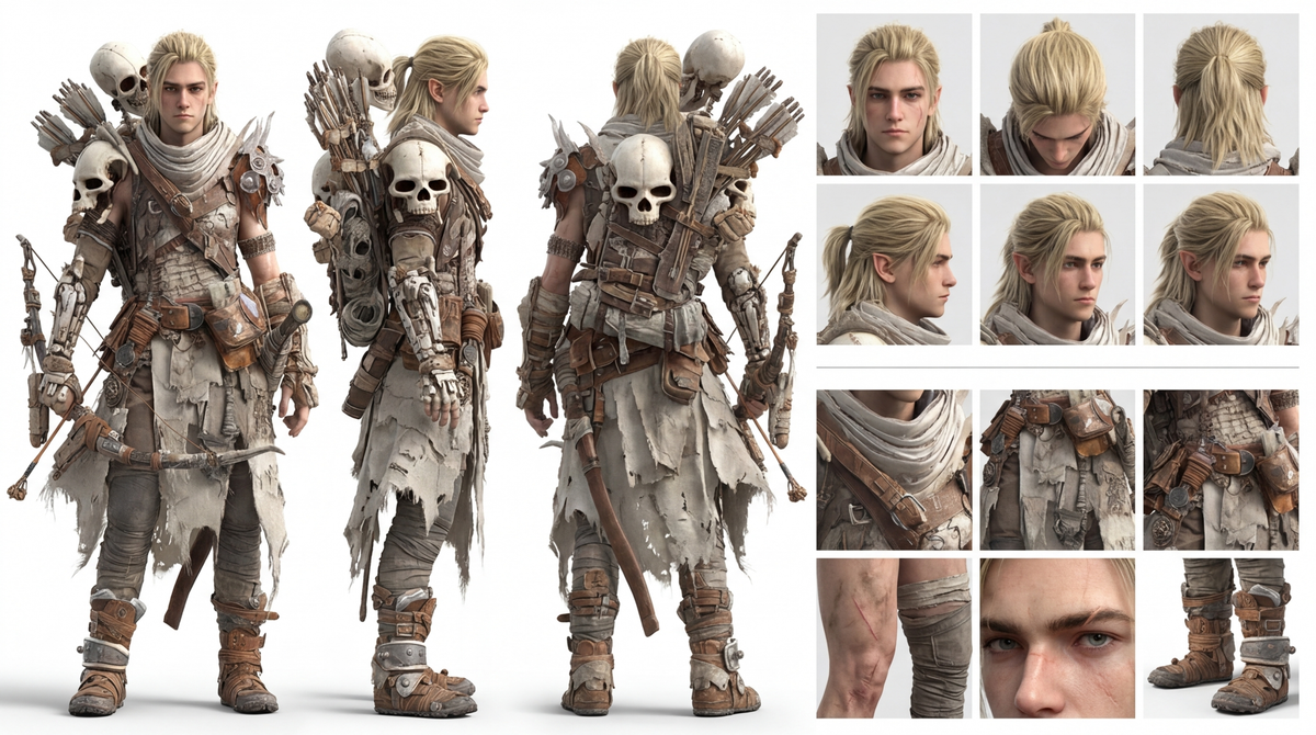 A high-definition, clean, minimalist character design board / character turnarou