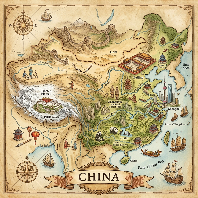 A hand-painted isometric bird’s-eye view illustration of [COUNTRY] in a vintage 
