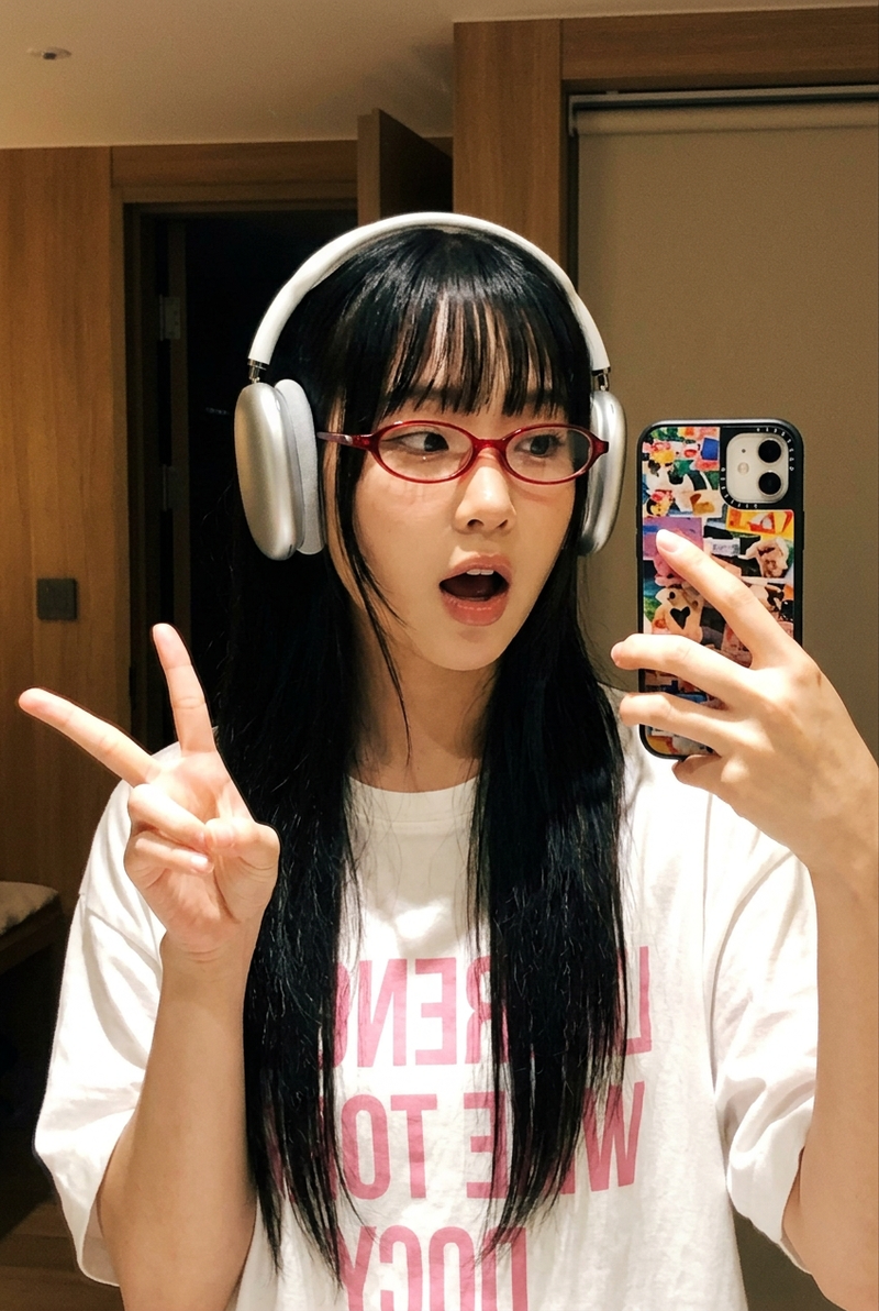 { "subject": { "description": "a young East Asian woman taking a mirror selfie, 