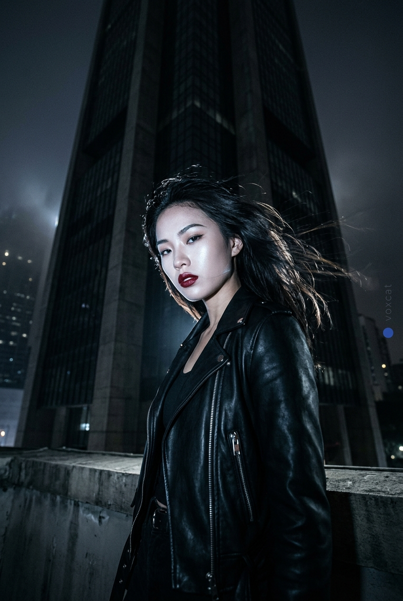 一张极具感官张力的 8K 夜景商业海报人像,聚焦于年轻女性在巨大城市地标前被强直闪切出的冷白面部与唇部高光瞬间。画面核心不是风景,而是“强闪打亮的脸”和“被压暗