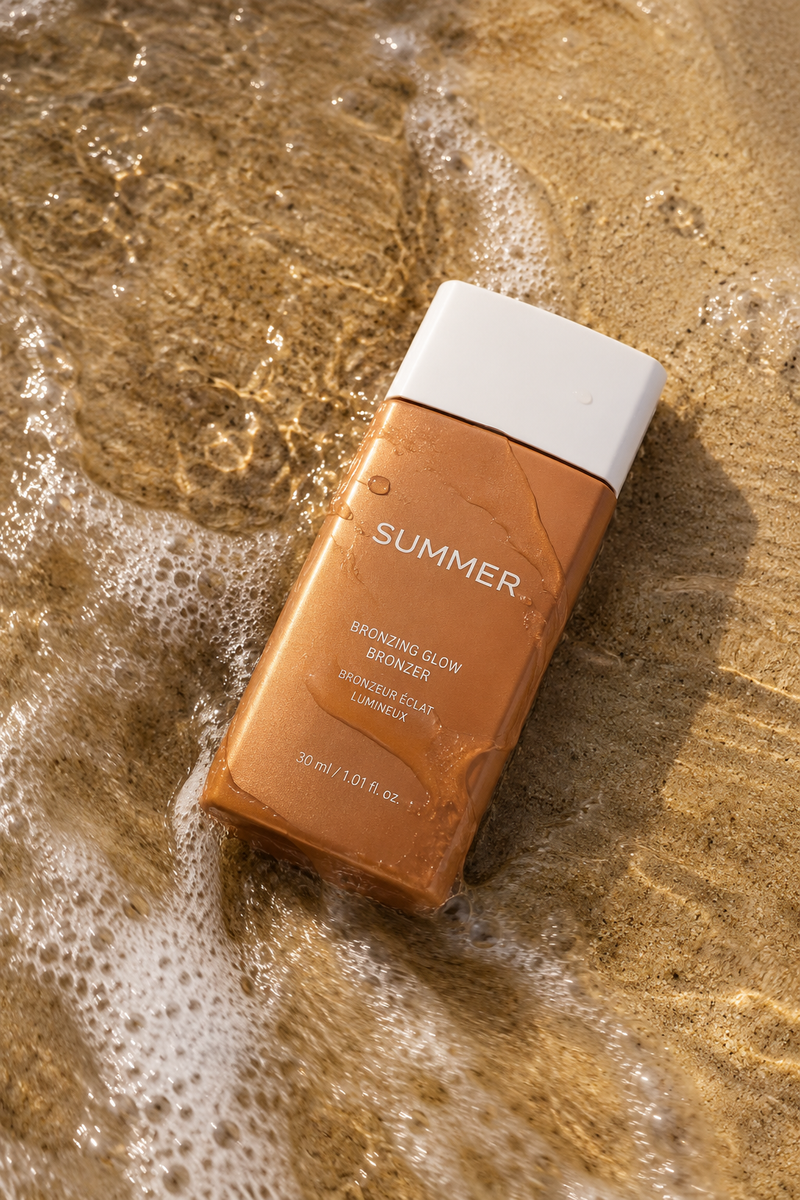 Ultra-realistic summer beauty product photography: bronzer bottle