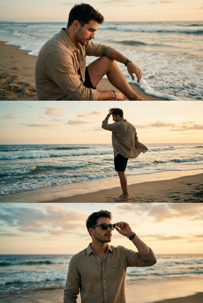 A cinematic three-panel vertical collage featuring a stylish young man at a sere