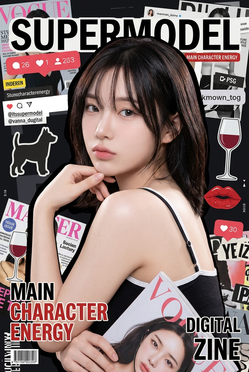 { "subject": { "description": "Young female centered in a stylized digital scrap