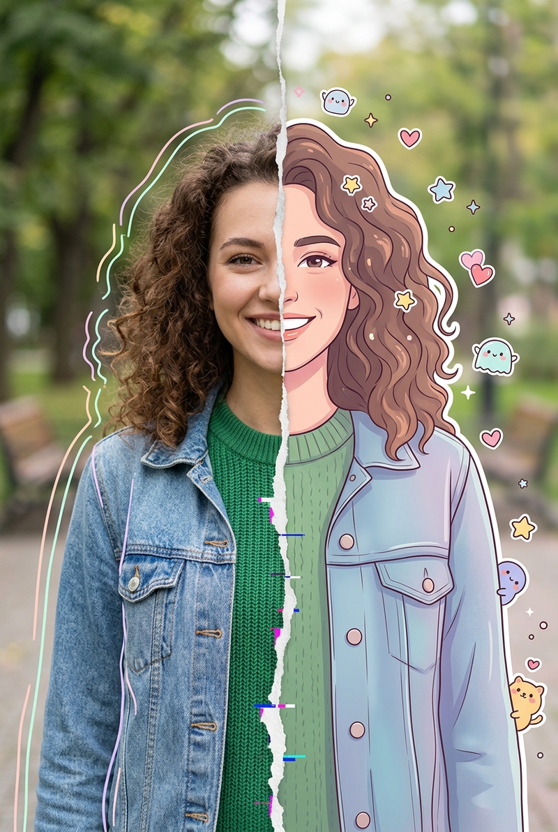 High-detail 8K split-style composition where the subject is divided vertically i