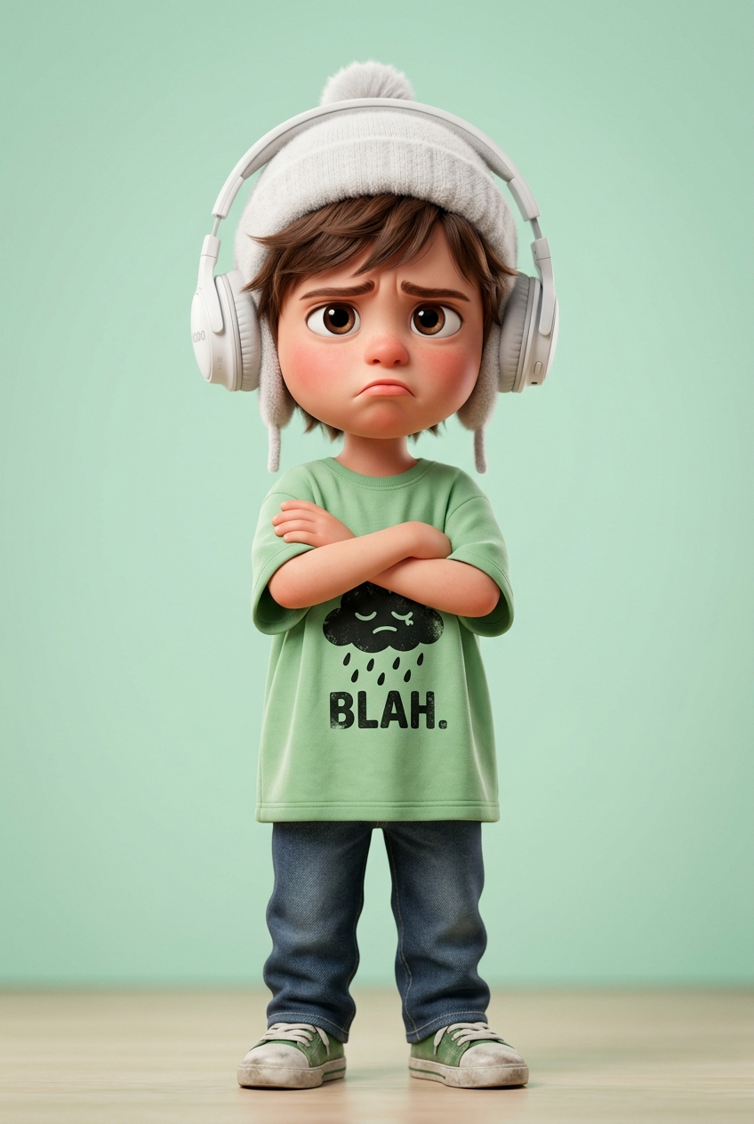 A stylized 3D cartoon character of a young boy with big expressive eyes and a sl
