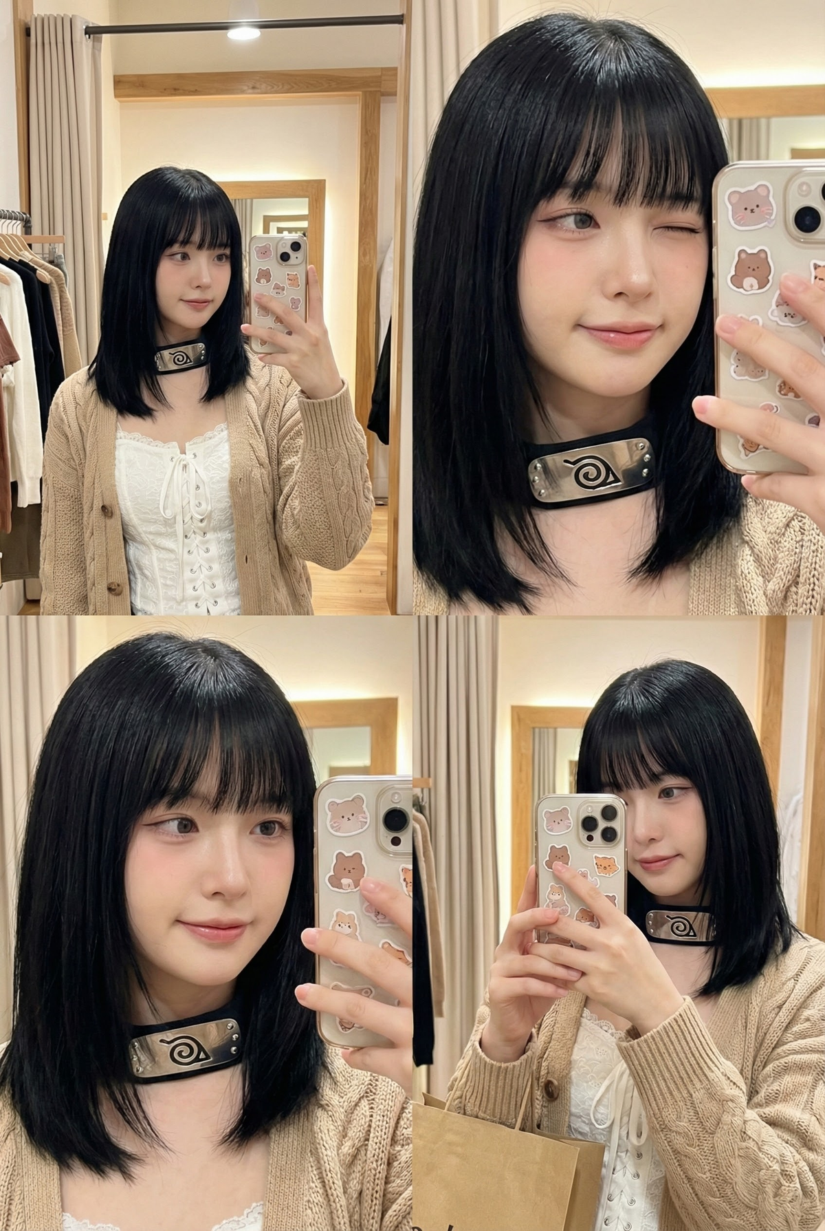 { "subject": { "description": "A realistic social-media 2x2 mirror-selfie collag