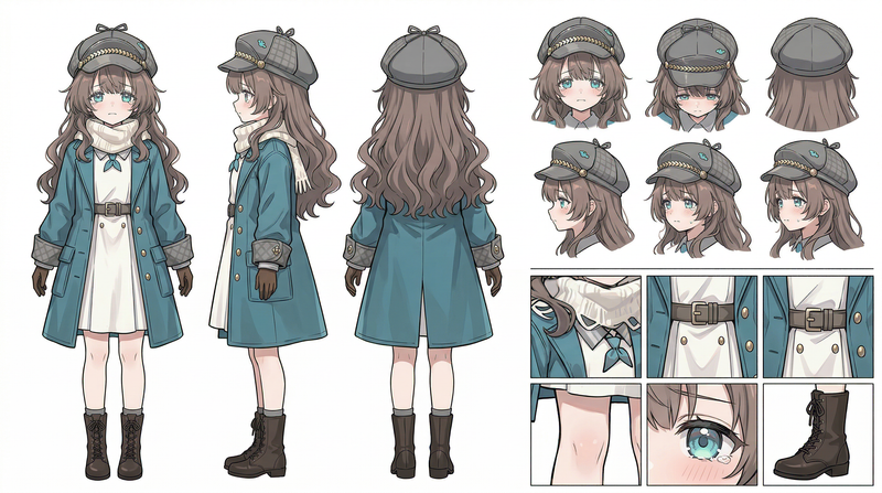 A high-definition, clean, minimalist character design board / character turnarou