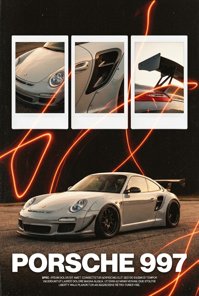 A vintage automotive editorial poster featuring a heavily modified, light grey P