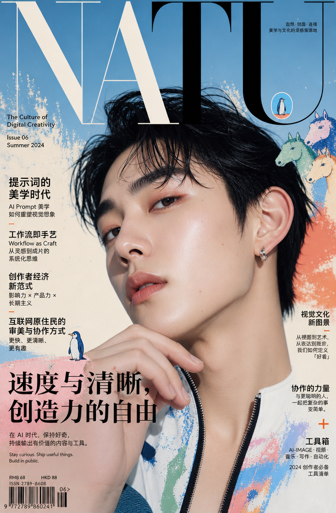分析 X 个人资料的截图，并制作以【NATU】为标题的高端美容与文化杂志的封面。请从个人资料中自动生成编辑主题、特辑标题、标题和文案。 标题应以占表皮30～50