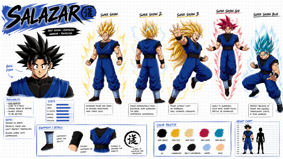 Create a wide, horizontal character reference sheet featuring Salazar