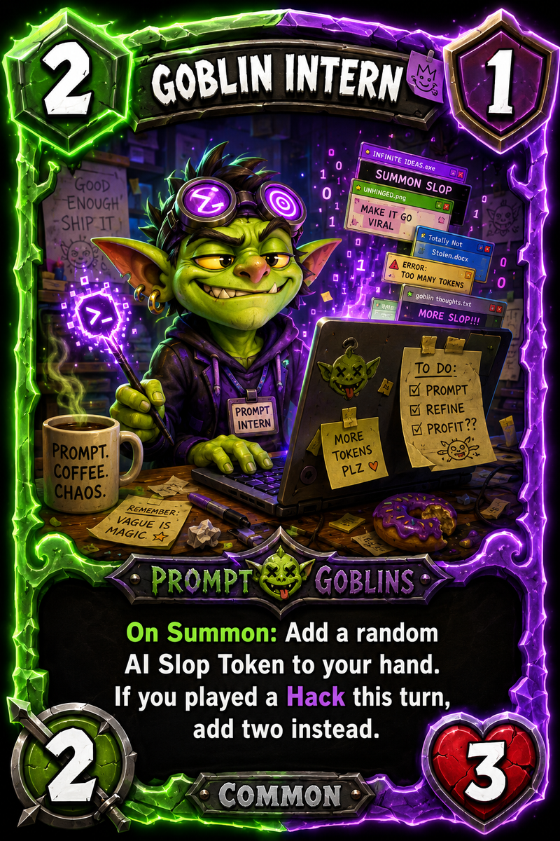 Prompt Goblin Intern card, Prompt Goblins faction, Unit, Common, cost 2, top rig