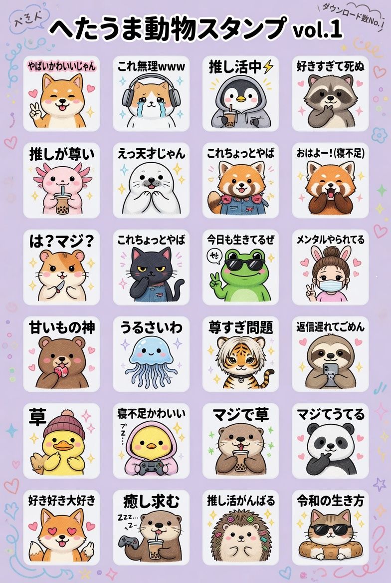 へたうまな手描きタッチの動物LINEスタンプを24個並べて作って。日本のZ世代がターゲットで、ダウンロード数トップを狙えるトレンドの作風で。