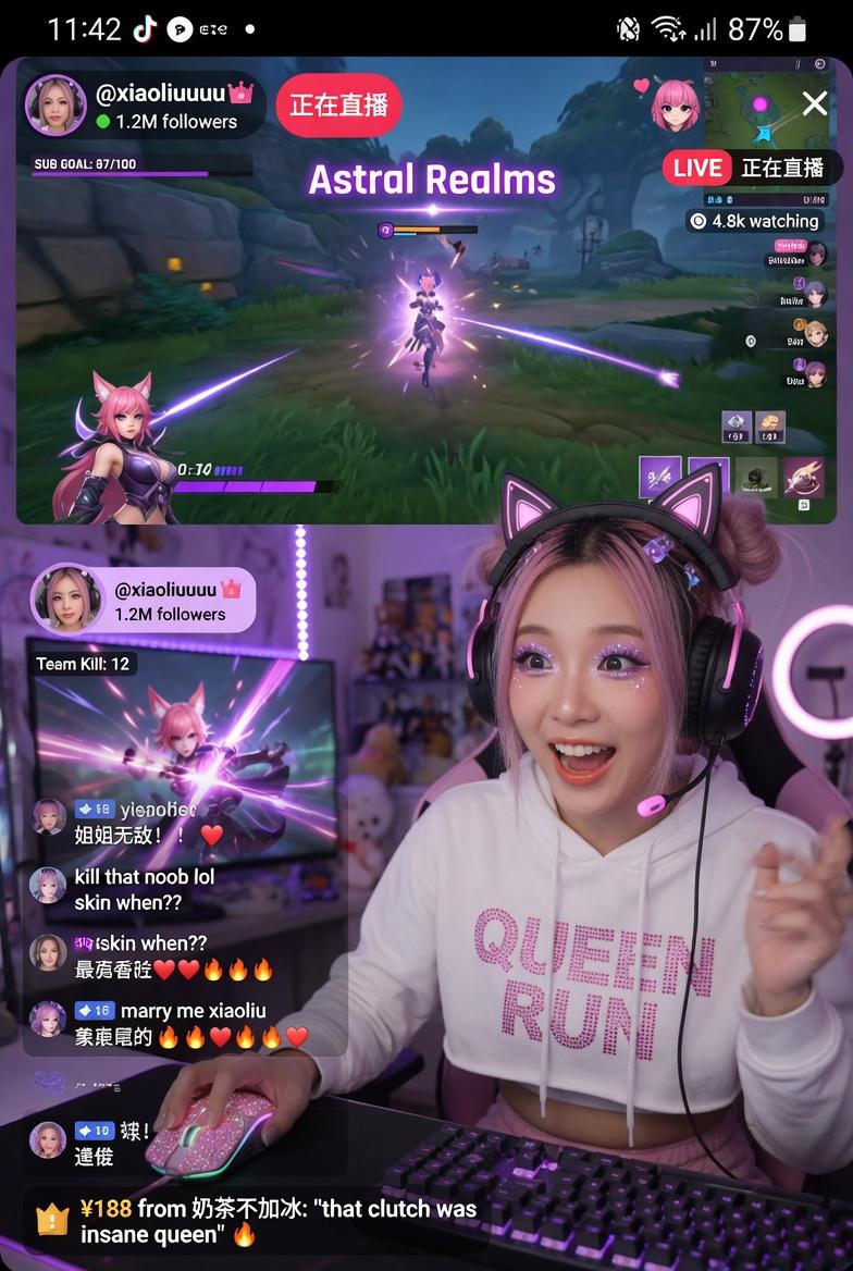A beautiful internet celebrity is live-streaming a game