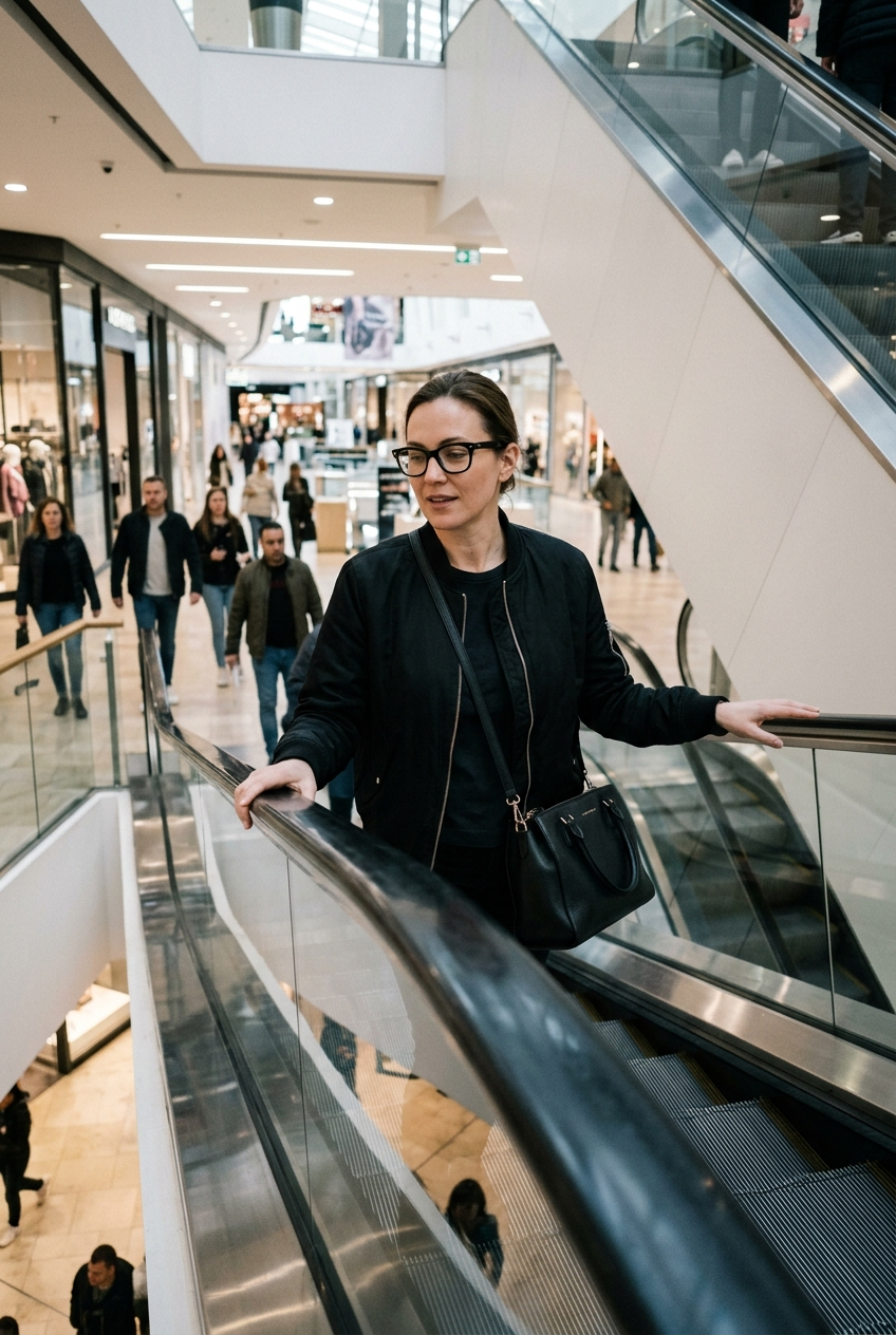 Photorealistic iPhone candid of a woman on an escalator, using the exact face an