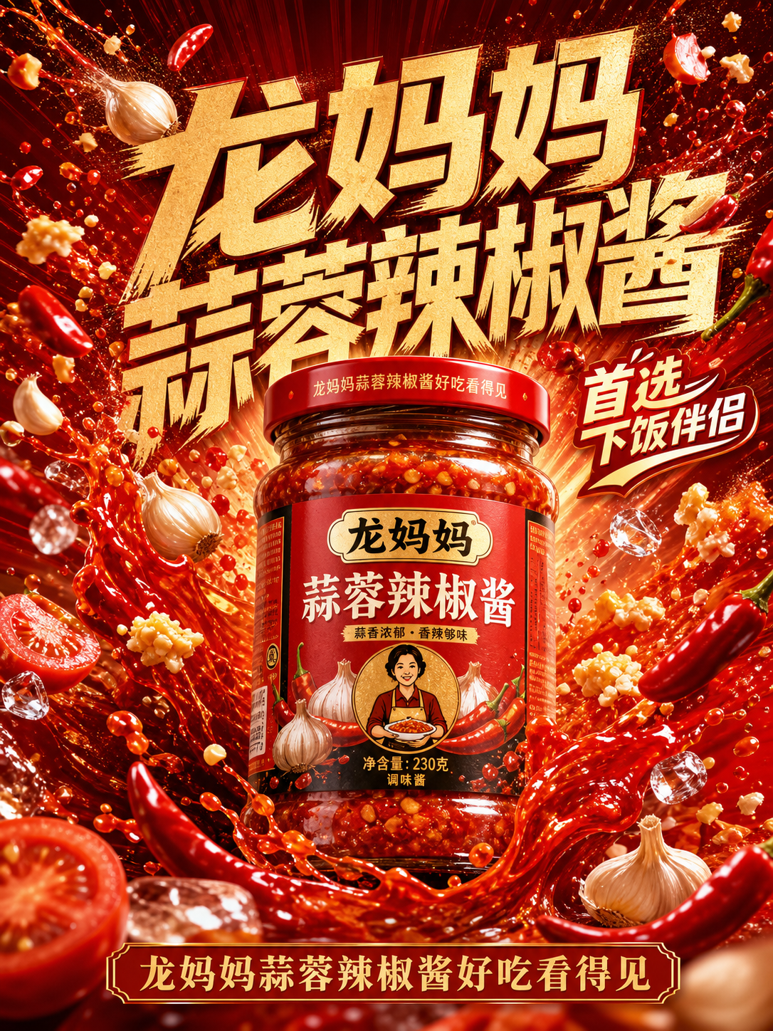 品牌名:【龙妈妈蒜蓉辣椒酱】 产品名:【龙妈妈蒜蓉辣椒酱】 产品类型:【调味品】 主水果:【主水果】 辅助水果:【番茄,大蒜,辣椒】 主色调:【红色】 辅助色: