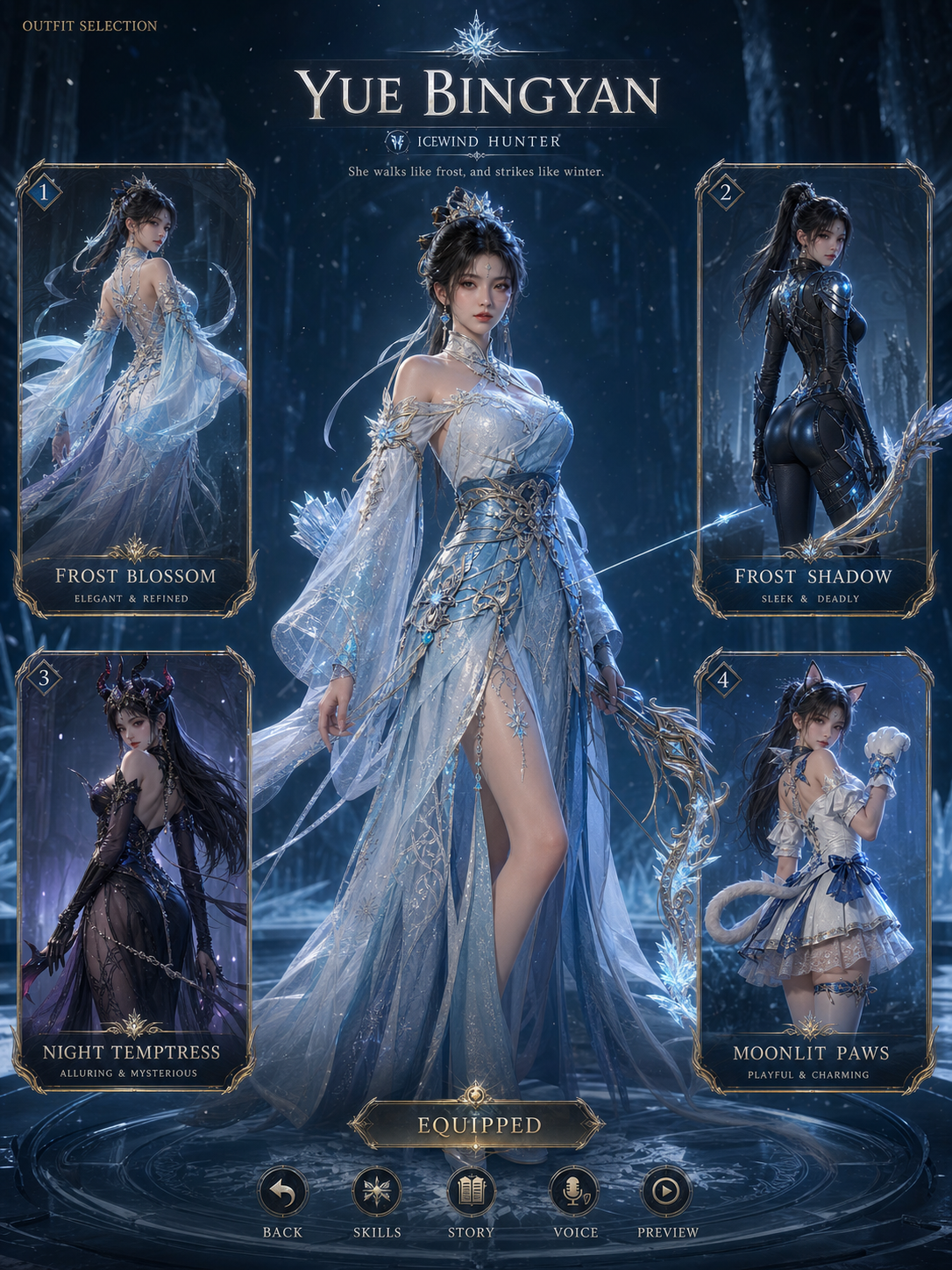 Create a AAA-quality Unreal Engine 5 outfit selection screen for 【ganyu from gen