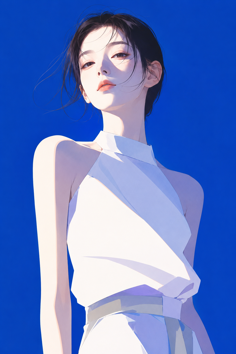 高端日系时装杂志封面感插画，主体为[韩国女孩]，极简现代时装数字插画风，精致赛璐璐上色，干净锐利的大色块塑形，几乎无线稿，边缘优雅清晰。画面保持蓝白骨架配色，同