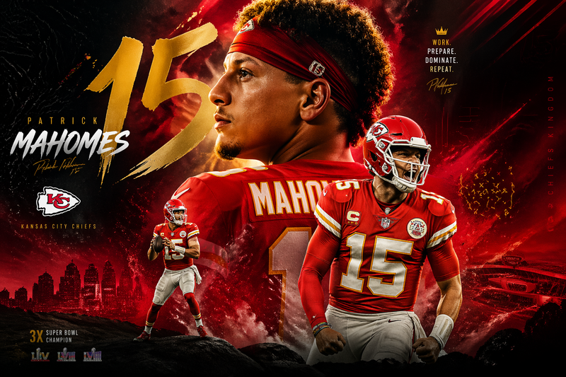 Create an artwork, a design of Patrick Mahomes, advanced design level, 3:2, Mac
