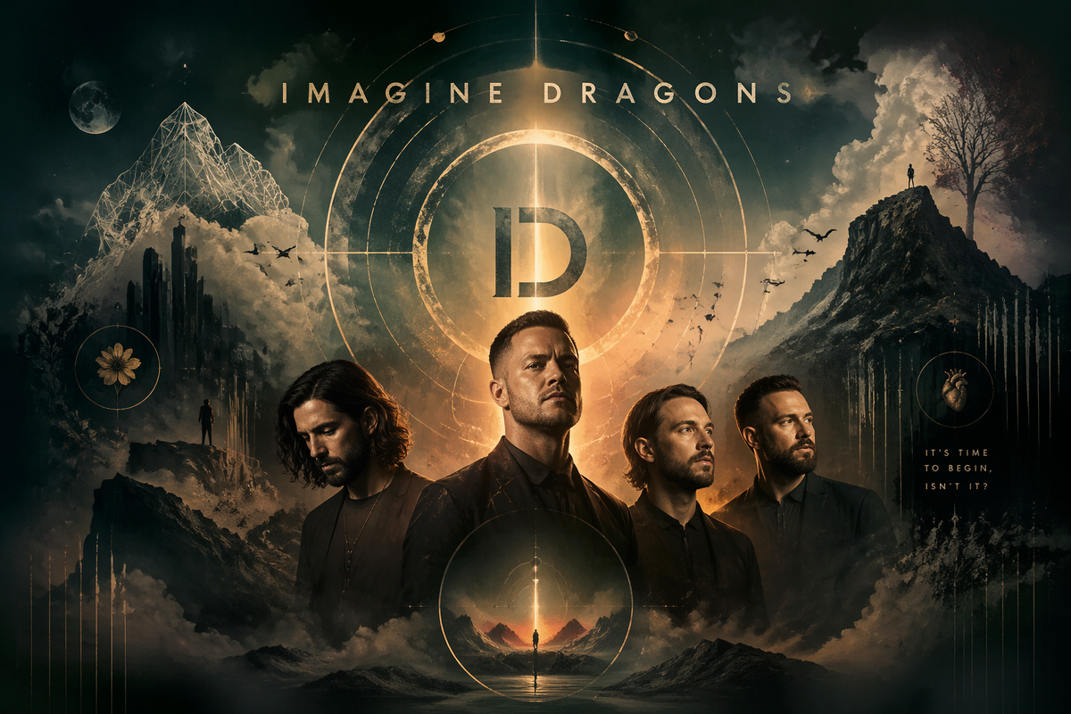Create an artwork, a design of Imagine Dragons band, advanced design level, 3:2,