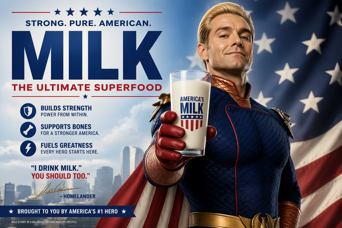 Generate a poster for Homelander endorsing milk, size 3:2