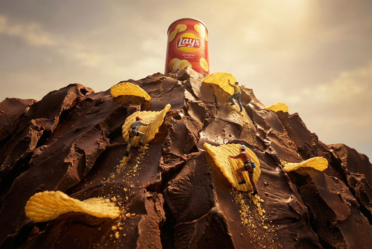 Surreal miniature ad scene: a Lay’s chips can on a towering chocolate cliff wall
