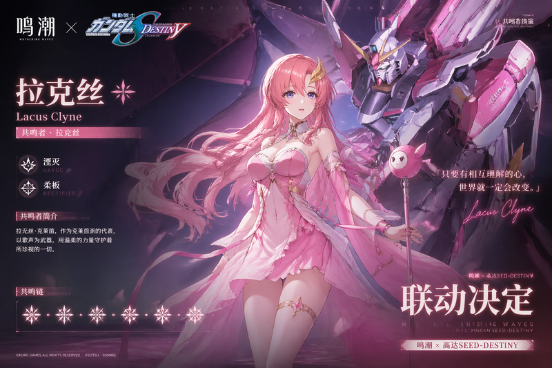 生成《鸣潮》联名《高达SEED-DESTINY》的宣传海报,海报背景是拉克丝的人物面板,拉克丝的打扮是粉色的抹胸短裙,2K画质,虚幻引擎效果,最高画质
