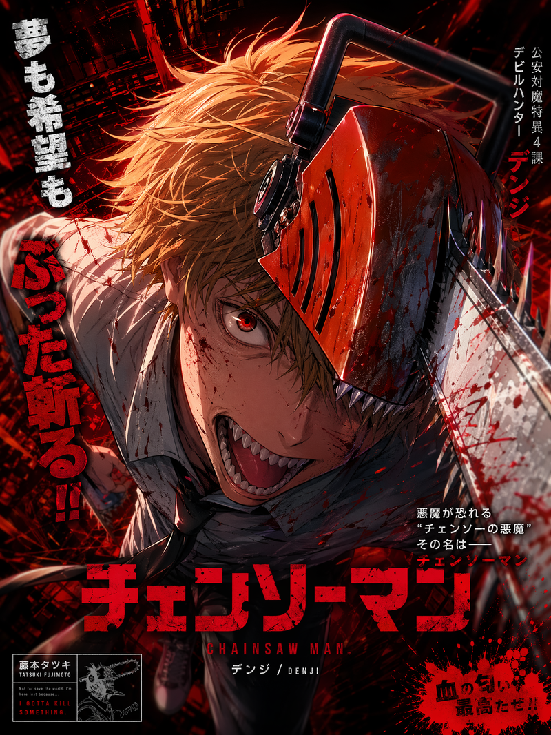Create a poster of Chainsaw Man (Denji), with the character’s face close to the