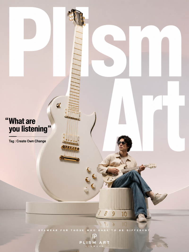 Avant-garde fashion advertisement, oversized guitar positioned like sculpture, a
