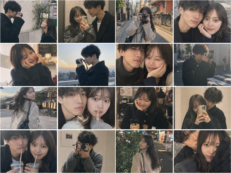 Displayed in a grid format, these 16 photos, taken with an iPhone, show a Japane