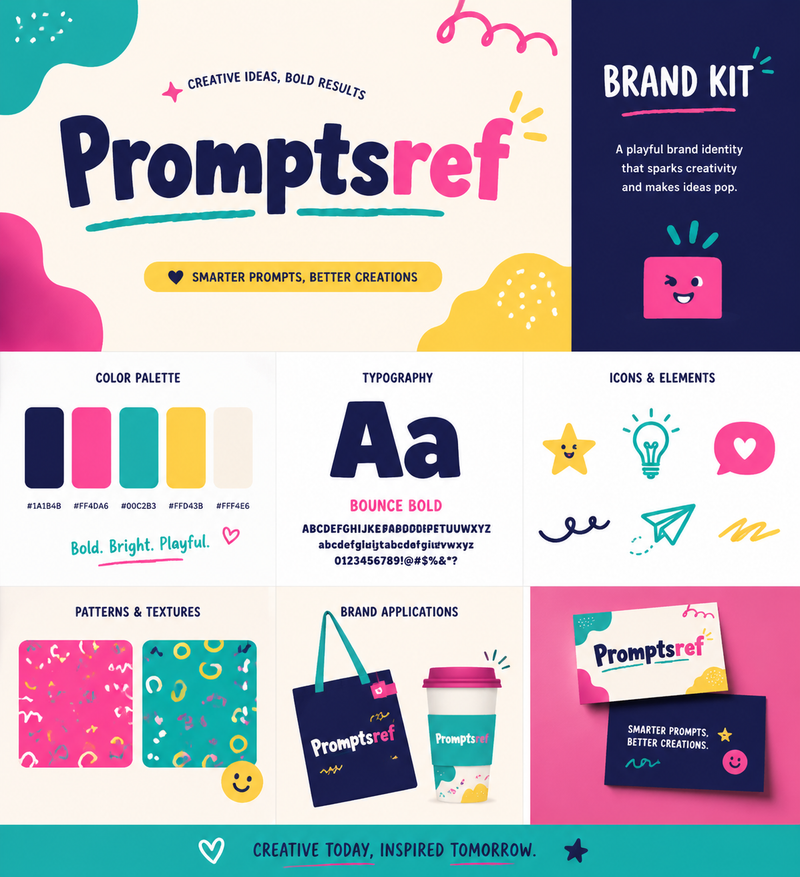 Playful brand kit for [Promptsref], bold colors, fun typography, modern layout